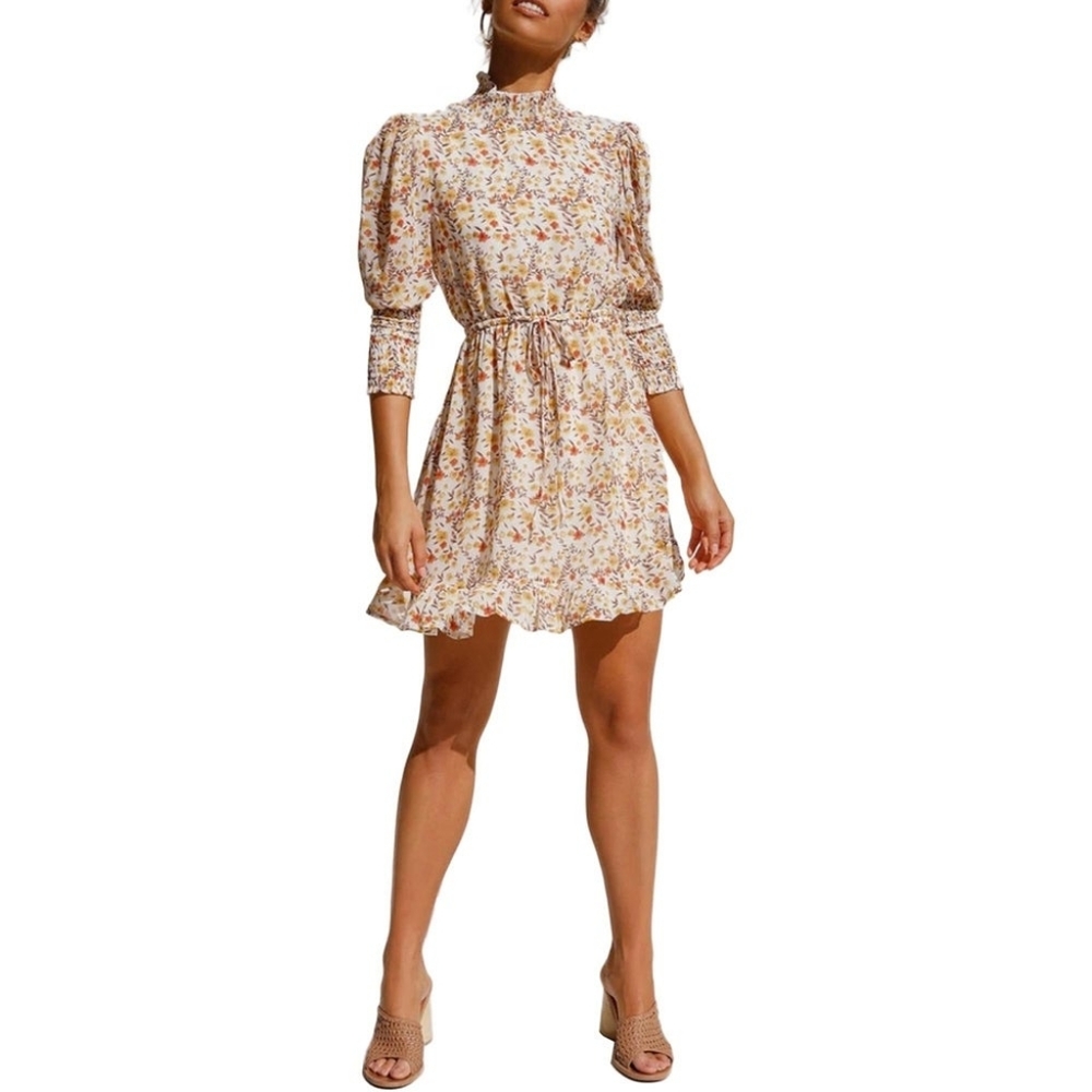 Orniya Women's Smocked Tie Waist Floral Dress w/ Puff Sleeves - NWT